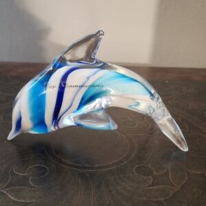 Glass Dolphin Figurine with Blue and White Accents